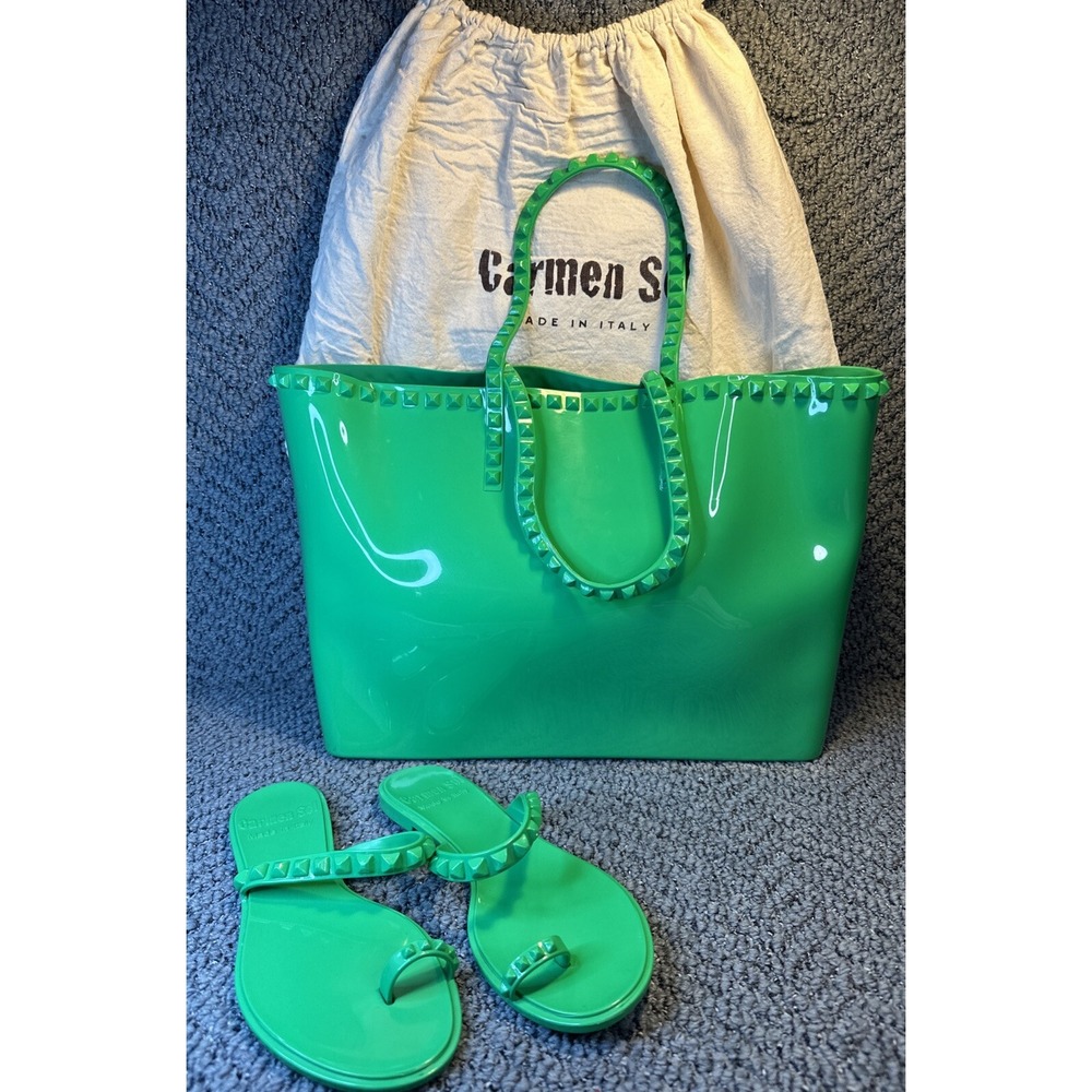 Carmen Sol Angelica Large Tote & Maria Flat‎ Jelly Sandals 9 Italy Green HTF EUC